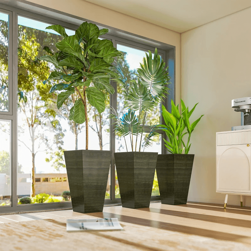 Juego de 3 maceteros altos | Macetas apilables con veta de madera