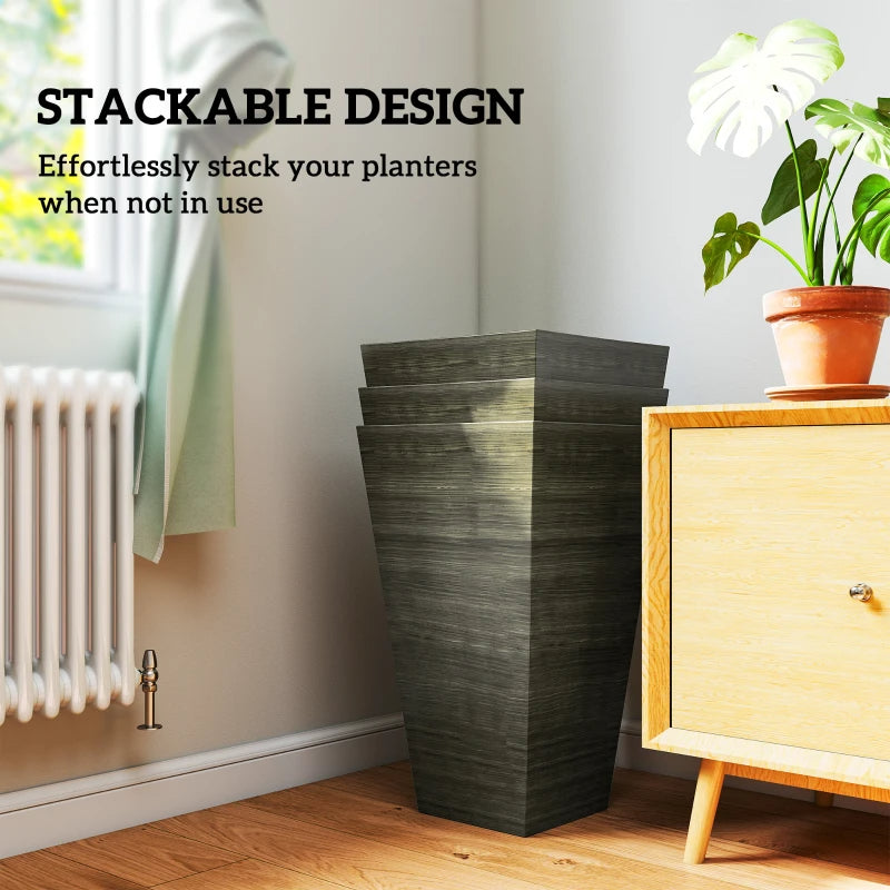 Juego de 3 maceteros altos | Macetas apilables con veta de madera